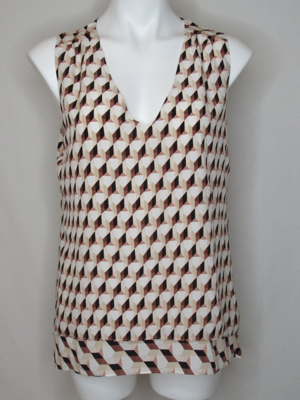 White House Black Market Brown Geometic Print V-Neck Sleeveless Blouse Women's M